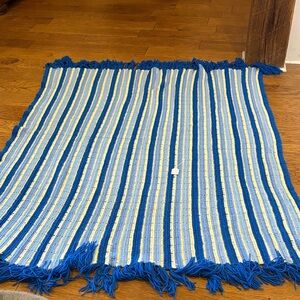 Striped Blue and White crocheted afghan 55w x 79L